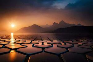 le coucher du soleil plus de une Lac avec hexagonal carrelage. généré par ai photo