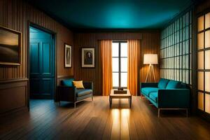 une vivant pièce avec bleu canapés et une en bois sol. généré par ai photo