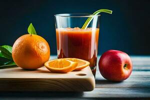 une verre de jus avec un Pomme et orange. généré par ai photo