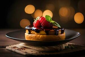 une dessert avec Chocolat sauce et des fraises sur une plaque. généré par ai photo