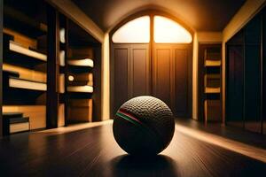 une le rugby Balle est assis sur le sol dans une chambre. généré par ai photo