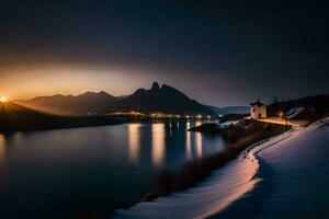 une Lac et montagnes à nuit. généré par ai photo