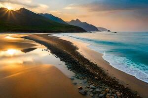 une plage à le coucher du soleil avec rochers et l'eau. généré par ai photo