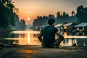 une homme séance sur le sol par le l'eau à le coucher du soleil. généré par ai photo