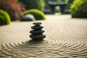 une Zen jardin avec des pierres empilés sur Haut de chaque autre. généré par ai photo