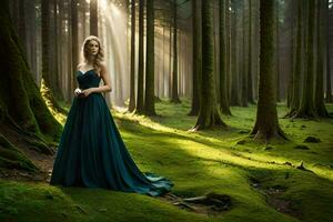 magnifique femme dans bleu robe permanent dans le milieu de une forêt. généré par ai photo