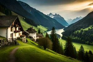 une maison est assis sur une colline surplombant une Lac et montagnes. généré par ai photo