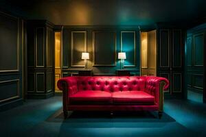 une rouge canapé dans une foncé pièce avec bleu des murs. généré par ai photo