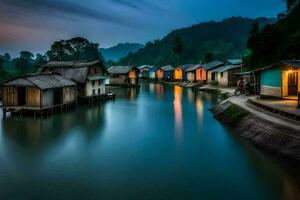 une rivière dans le milieu de une village à nuit. généré par ai photo