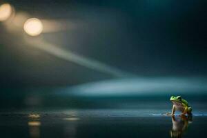 une grenouille séance sur le bord de le l'eau dans le sombre. généré par ai photo