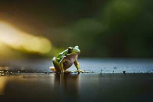 une grenouille séance sur le sol dans le pluie. généré par ai photo