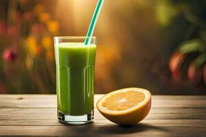 une verre de vert jus avec une paille et un orange. généré par ai photo