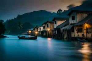une bateau est dans le l'eau à nuit avec Maisons sur le rive. généré par ai photo