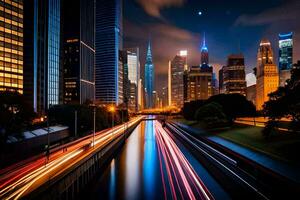Chicago horizon à nuit avec lumière les sentiers de voitures. généré par ai photo