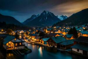 photo fond d'écran le ciel, montagnes, eau, Maisons, le nuit, le montagnes, le village. généré par ai