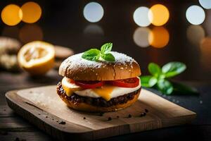 une Hamburger avec fromage et tomate sur une en bois Coupe planche. généré par ai photo