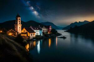 photo fond d'écran le ciel, montagnes, lac, église, le laiteux chemin, nuit, le. généré par ai