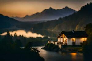 une petit maison est assis sur le bord de une Lac à le coucher du soleil. généré par ai photo