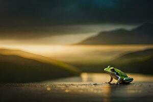 une grenouille séance sur le sol dans de face de une lac. généré par ai photo