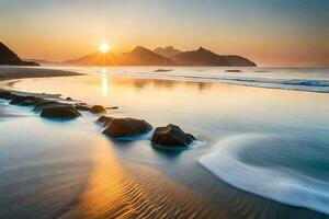 le Soleil monte plus de le océan et rochers sur le plage. généré par ai photo