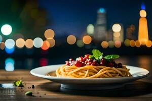 spaghetti avec tomate sauce et basilic feuilles sur une plaque. généré par ai photo