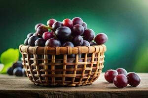 une panier plein de les raisins sur une en bois tableau. généré par ai photo