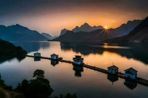 le Soleil monte plus de une Lac et montagnes. généré par ai photo