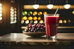 une verre de jus avec les raisins sur une tableau. généré par ai photo