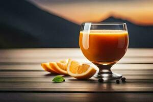 Orange jus dans une verre sur une en bois tableau. généré par ai photo