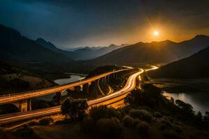 une pont plus de une rivière et montagnes à le coucher du soleil. généré par ai photo