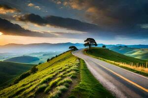 le route à le le coucher du soleil. généré par ai photo