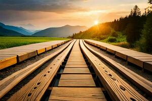 une en bois chemin de fer Piste de premier plan à le Soleil. généré par ai photo