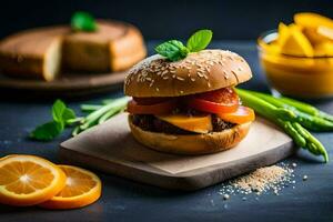 une Hamburger avec fromage, tomates et un Orange tranche. généré par ai photo