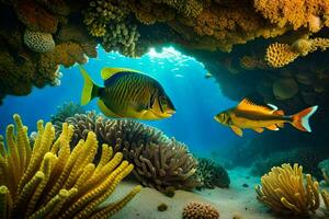 deux poisson nager dans le océan près corail récifs. généré par ai photo