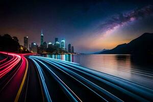 une longue exposition photographier de une ville à nuit avec lumières sur le route. généré par ai photo