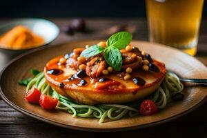 une assiette avec spaghetti et tomate sauce sur il. généré par ai photo