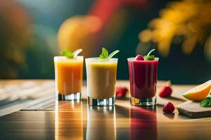 Trois différent les types de smoothies sur une tableau. généré par ai photo