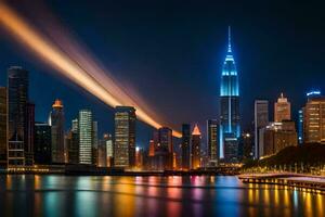 le ville horizon à nuit avec lumières brillant. généré par ai photo