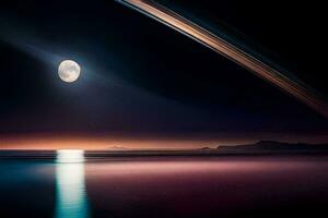 le lune est vu plus de le océan avec une Saturne anneau. généré par ai photo