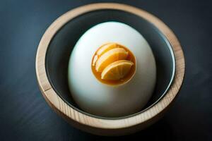 une bouilli Oeuf dans une bol avec une tranche de orange. généré par ai photo