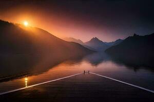 une homme des stands sur une Dock à le coucher du soleil dans de face de une Montagne gamme. généré par ai photo