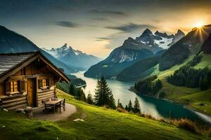 le Soleil monte plus de le montagnes et Lac dans cette photo. généré par ai photo