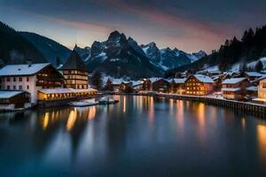 une ville dans le montagnes à crépuscule avec neige sur le sol. généré par ai photo