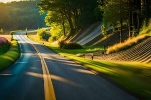 une long, vide route avec le Soleil brillant sur il. généré par ai photo