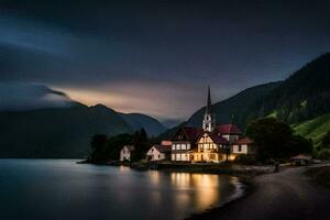 une église sur le rive de une Lac à nuit. généré par ai photo