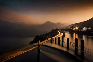 une longue exposition photo de une pont plus de l'eau. généré par ai