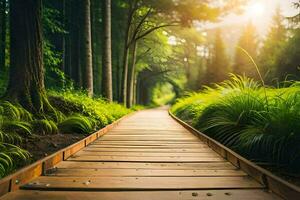 en bois chemin dans le forêt. généré par ai photo