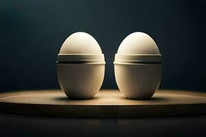 deux blanc des œufs sur une en bois tableau. généré par ai photo
