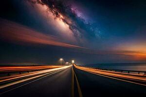 une longue exposition photographier de une Autoroute à nuit. généré par ai photo