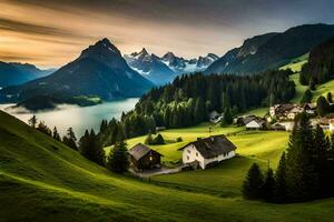 une magnifique Montagne village avec vert herbe et montagnes. généré par ai photo